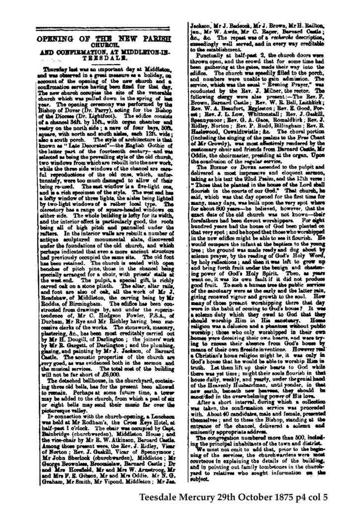 Teesdale Mercury Report 1879